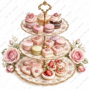 May include: A three-tiered porcelain serving stand with gold trim and floral patterns, holding an assortment of pink cupcakes, macarons, heart-shaped cookies, and small cakes. Large pink roses are arranged at the base of the bottom tier.