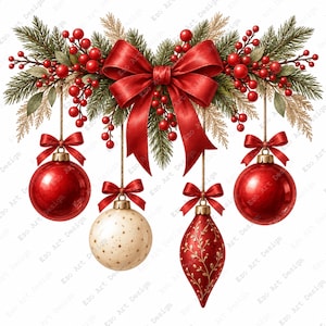 May include: A festive holiday arrangement featuring a large red bow centered atop green pine branches and red holly berries. Four ornaments hang from the greenery: two glossy red spheres, one cream-colored speckled sphere, and one red teardrop ornament.