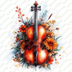 May include: Watercolor illustration of a cello with a vibrant orange and yellow floral arrangement. The cello is a rich reddish-brown color, and the flowers include daisies and other blooms. The background is white with watercolor splashes.