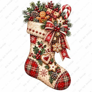 Imágenes prediseñadas de calcetín navideño, bota de retazos a cuadros, pino con bastón de caramelo (descarga digital)