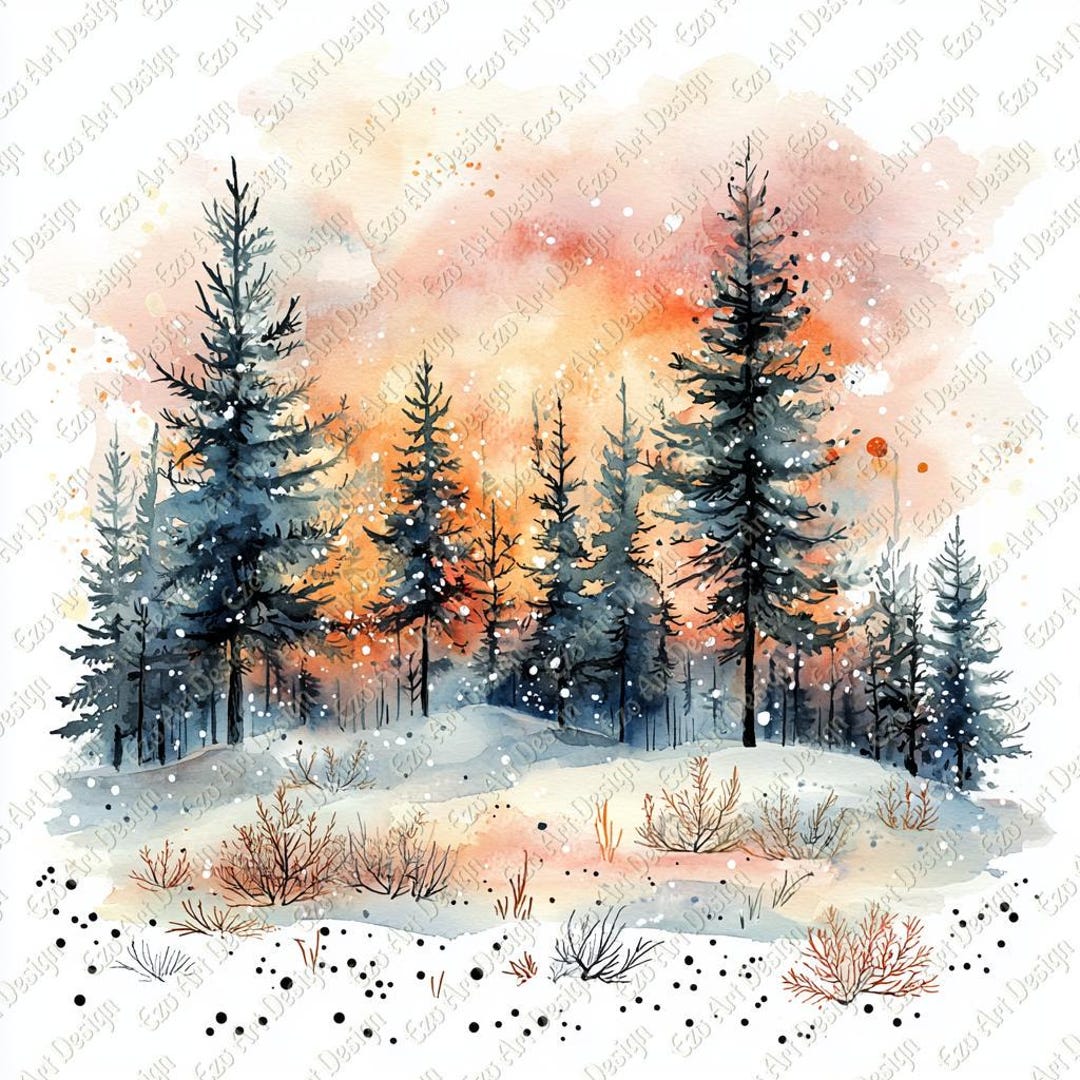 Snowy Pine Trees Clipart, Winter Forest Landscape (digital Download) - Etsy