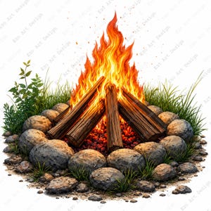 Puede incluir: Ilustración digital de una fogata. El fuego está compuesto por llamas de color naranja brillante y amarillo, con troncos dispuestos en forma de tipi. El pozo de fuego está rodeado de rocas grises y hierba verde.