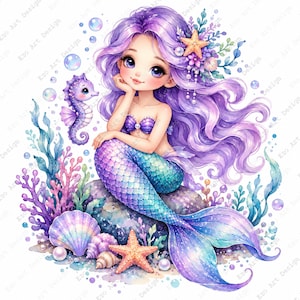 Pastel Mermaid Clipart, Purple Hair Siren, Seahorse Coral Reef (Digital Download)