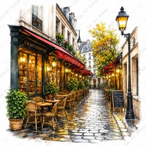 Könnte beinhalten: Aquarellmalerei einer Pariser Straßenszene mit einem Café mit roter Markise und dem Text "CAFE DE FLORE". Korbstühle und -tische sind draußen aufgestellt. Die Kopfsteinpflasterstraße glänzt vom Regen, und eine Vintage-Straßenlaterne beleuchtet die Szene.