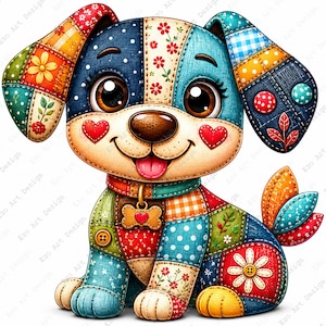 May include: A colorful patchwork dog illustration with large, expressive eyes, a smiling face, and a bone-shaped tag. The dog's body is composed of various fabric patterns, including floral, polka dot, and plaid designs. The overall aesthetic is whimsical and handcrafted.