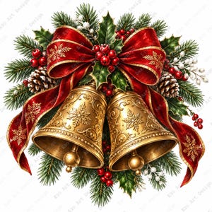 Op de afbeelding: Twee gouden metalen bellen met gedetailleerde sneeuwvlokpatronen, versierd met een grote rode strik met gouden sneeuwvlokken, groene dennennaalden, hulstbladeren, rode bessen en bruine dennenappels in een feestelijke compositie.