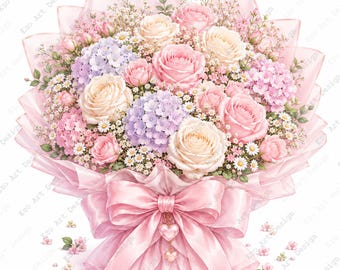 Clipart di bouquet da sposa, stampa floreale con rose rosa, arte floreale per matrimoni (download digitale)