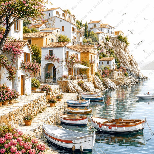 Mediterranean Villa Clipart, Coastal Village Printable, Seaside Landscape Art (Digital Download)