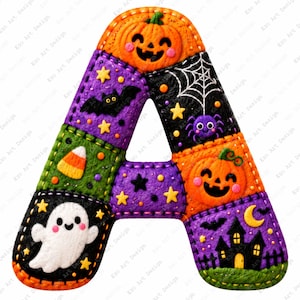 Op de afbeelding: Een decoratieve letter A met een patchworkontwerp met Halloween-motieven, waaronder een lachende pompoen, een spinnenweb, een paarse spin, een zwarte vleermuis, maissnoepjes, een wit spookje, een gele maansikkel en een zwart spookhuis.
