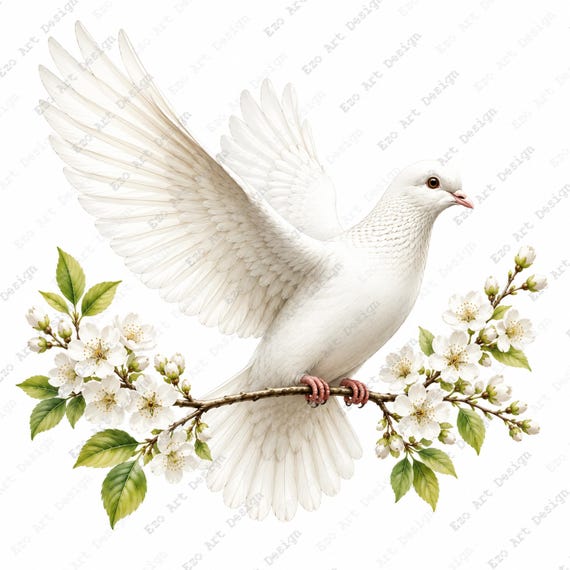 White Dove Floral Clipart, Watercolor Peace Bird Blossom Art