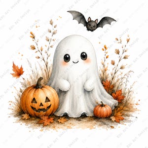 Imágenes prediseñadas de fantasmas adorables, láminas para imprimir de un campo de calabazas, arte otoñal de Halloween (descarga digital) imagen 6