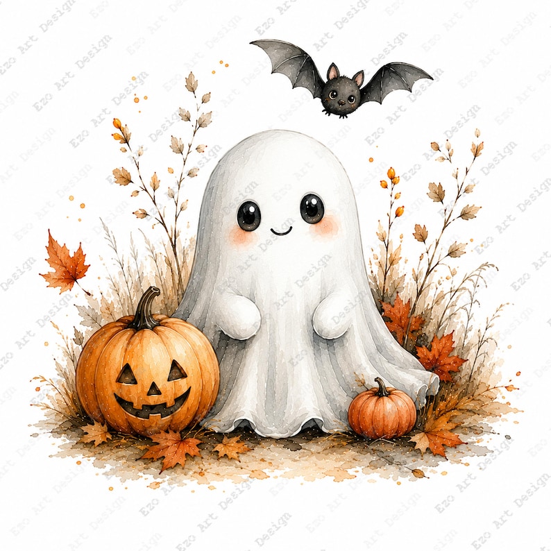 Imágenes prediseñadas de fantasmas adorables, láminas para imprimir de un campo de calabazas, arte otoñal de Halloween (descarga digital) imagen 6