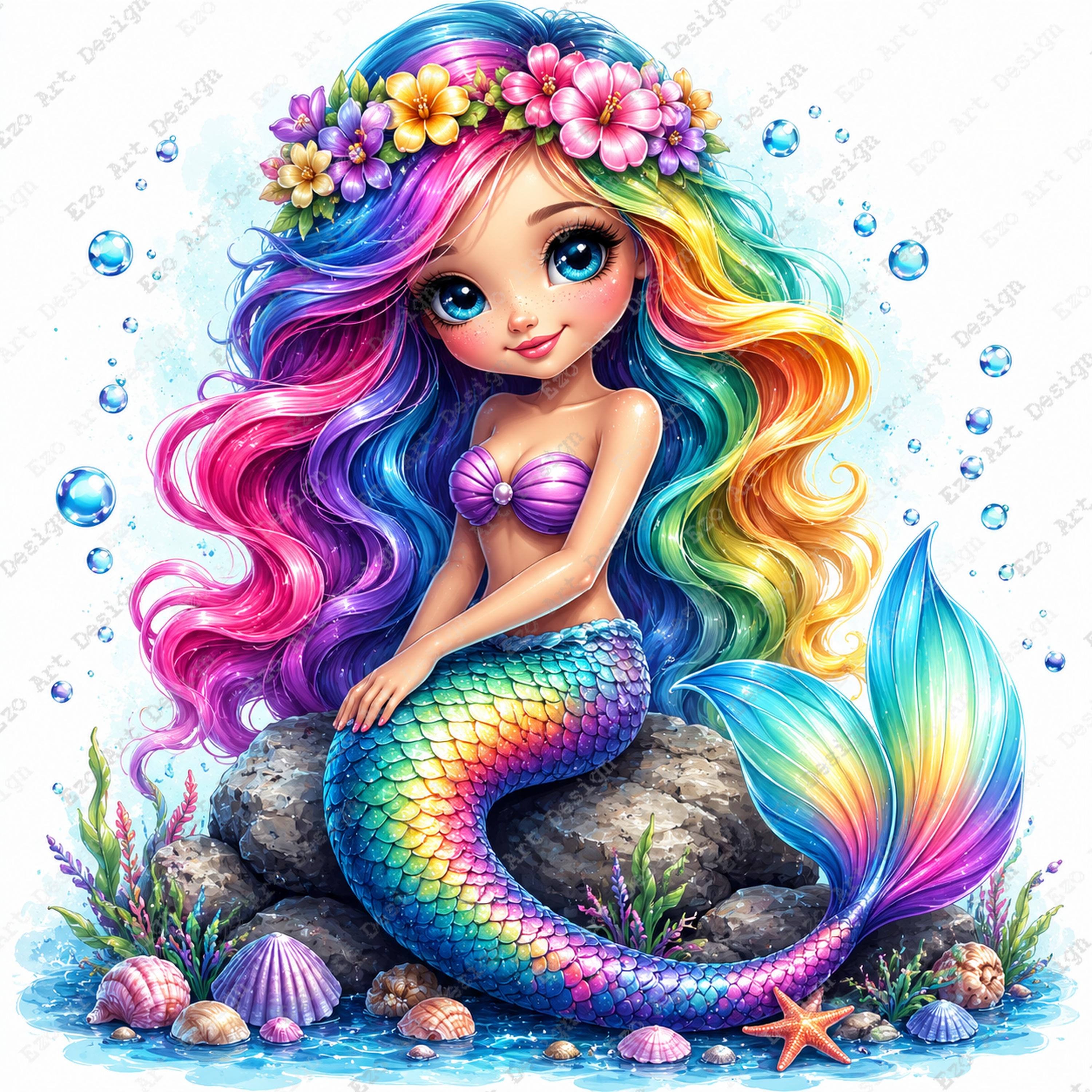 人魚のクリップアート、虹色のかわいい女の子の海のデザイン、カラフル