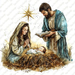 Clipart de la Natividad de Navidad, 10 JPG de alta calidad, Sagrada Familia, Niño Jesús, María y José, descarga digital, kit de diario basura