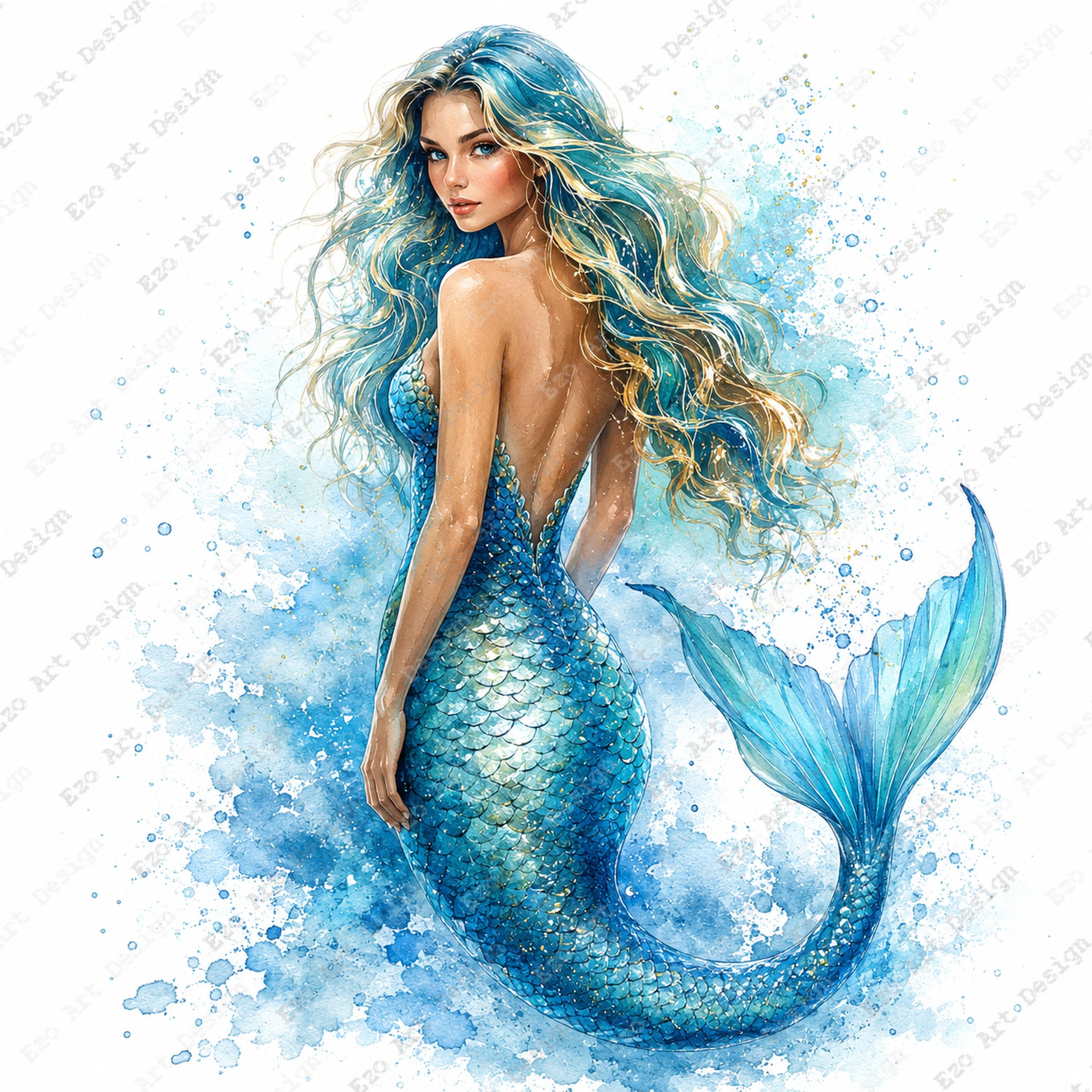 水彩画風人魚クリップアート、ファンタジー海の女性のデザイン、神話の