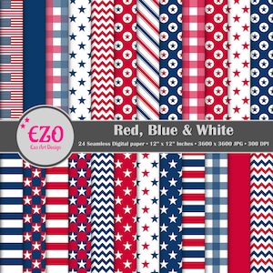 Rot Blau Weiß Digital Paper Pack - 24 Papiere - Scrapbook Papiere - Nahtlose Textur - Druckbare Papiere - Kommerzielle Nutzung - Sofort Download