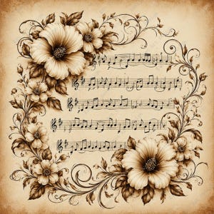 May include: A vintage-style illustration featuring musical notes on aged paper, adorned with floral elements. The design incorporates large, detailed flowers in shades of cream and brown, with musical notation and decorative flourishes.