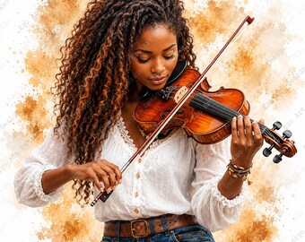 Violin Girl Clipart, Young Black Woman Musician Design, Watercolor