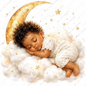 Puede incluir: Una ilustración digital de un bebé dormido con cabello oscuro y rizado, vistiendo un mameluco blanco con volantes, descansando sobre una nube blanca esponjosa. Detrás del bebé hay una gran luna creciente dorada y texturizada con estrellas.