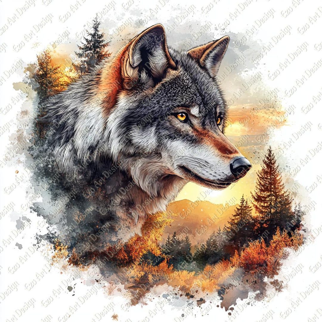 Wolf and Forest Clipart, Sunset Watercolor Art JPG for Nature Wall ...