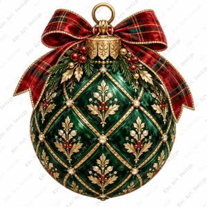 May include: A spherical Christmas ornament featuring a deep green quilted pattern with gold filigree accents and small embedded crystals. It is topped with a gold cap and a large red and green plaid fabric bow, accented by holly sprigs.