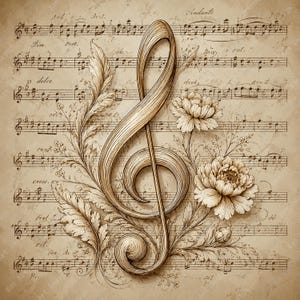 Pode incluir: Ilustração em estilo vintage com uma clave de sol dourada entrelaçada com elementos florais, em um fundo de partituras antigas. O design inclui desenhos detalhados de flores e folhas, com notações musicais no fundo.