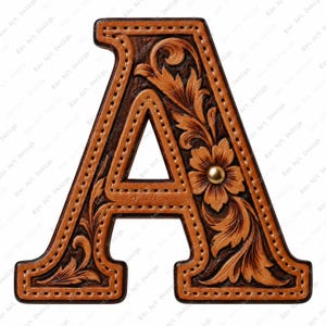 Op de afbeelding: Een hoofdletter A gemaakt van bruin leer met een getextureerd oppervlak. De letter is voorzien van ingewikkelde in reliëf gemaakte bloem- en bladpatronen aan de rechterkant, geaccentueerd door een kleine goudkleurige metalen stud in het midden.