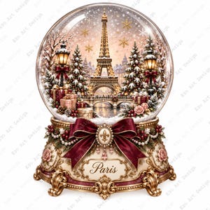 Könnte beinhalten: Eine dekorative Schneekugel mit einem Miniatur-Eiffelturm, schneebedeckten Tannen und Straßenlaternen in einer Glaskugel. Der Sockel ist aus verziertem Gold mit einer großen burgunderroten Schleife, Perlenakzenten und einem Schild mit dem Wort Paris.