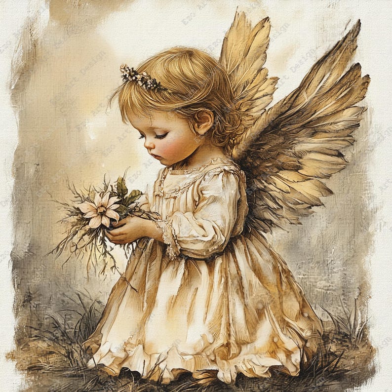 May include: A sepia-toned illustration of a young child with large feathered wings, wearing a light-colored dress and a small floral crown. The child is looking down while holding a small bouquet of flowers in their hands. The art style is textured.