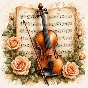 Può includere: Un'illustrazione ad acquerello presenta un violino, un arco e uno spartito con la parola "Andante". Il violino è marrone con corde nere e l'arco è marrone chiaro. Rose color pesca e foglie verdi circondano gli strumenti musicali.