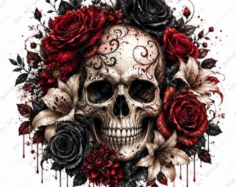 Imágenes prediseñadas de calaveras florales, arte floral de calaveras de azúcar del Día de Muertos, estampado botánico gótico (descarga digital)