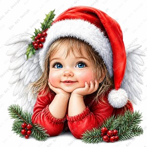 May include: A digital illustration of a cherubic child with blue eyes, wearing a red Santa hat and a red sweater. The child has white angel wings and is surrounded by holly and pine branches with red berries, creating a Christmas theme.