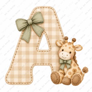 Può includere: Una lettera A maiuscola con motivo a quadretti vichy beige e bianco, decorata con un fiocco in tessuto verde salvia in alto a sinistra. Una piccola giraffa beige con macchie marroni e un fiocco verde salvia abbinato siede accanto alla lettera.