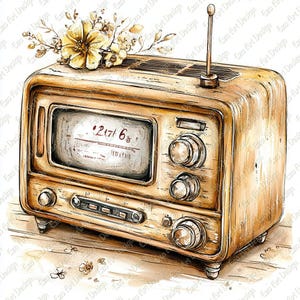Watercolor Vintage Radio Clipart, 10 High Quality JPG, Vintage Television, Antique Television, Antique Radio Digital Download, junk journal