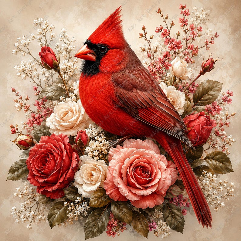 Cardinal Bird Clipart, Red Rose Floral Nature Design, Vintage Botanical ...