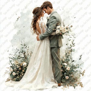 May include: Watercolor illustration of a couple embracing, surrounded by floral elements. The bride wears a white wedding dress with lace details, and the groom is in a green suit. A bouquet of white roses is held by the groom.
