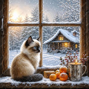 Imágenes prediseñadas de gatos navideños, láminas para imprimir de ventanas de invierno, arte de un acogedor pueblo nevado (descarga digital)