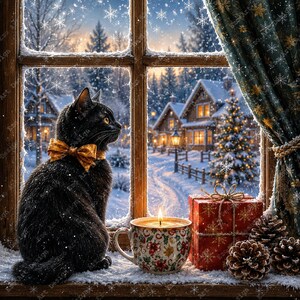 May include: A black cat with a gold bow tie sits on a snowy windowsill next to a lit candle in a patterned mug, a red gift box, and pinecones. Outside the window, a winter landscape features snow-covered houses and a decorated Christmas tree.