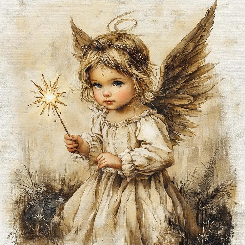 May include: A digital illustration of a young angel with blonde hair, a halo, and large feathered wings. The figure wears a cream-colored dress and holds a glowing, multi-pointed star wand. The background features a soft, sepia-toned forest scene.