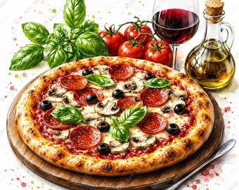 Realistische pizza clipart, Italiaans eten afdrukbaar, wijn keukenkunst (digitale download)