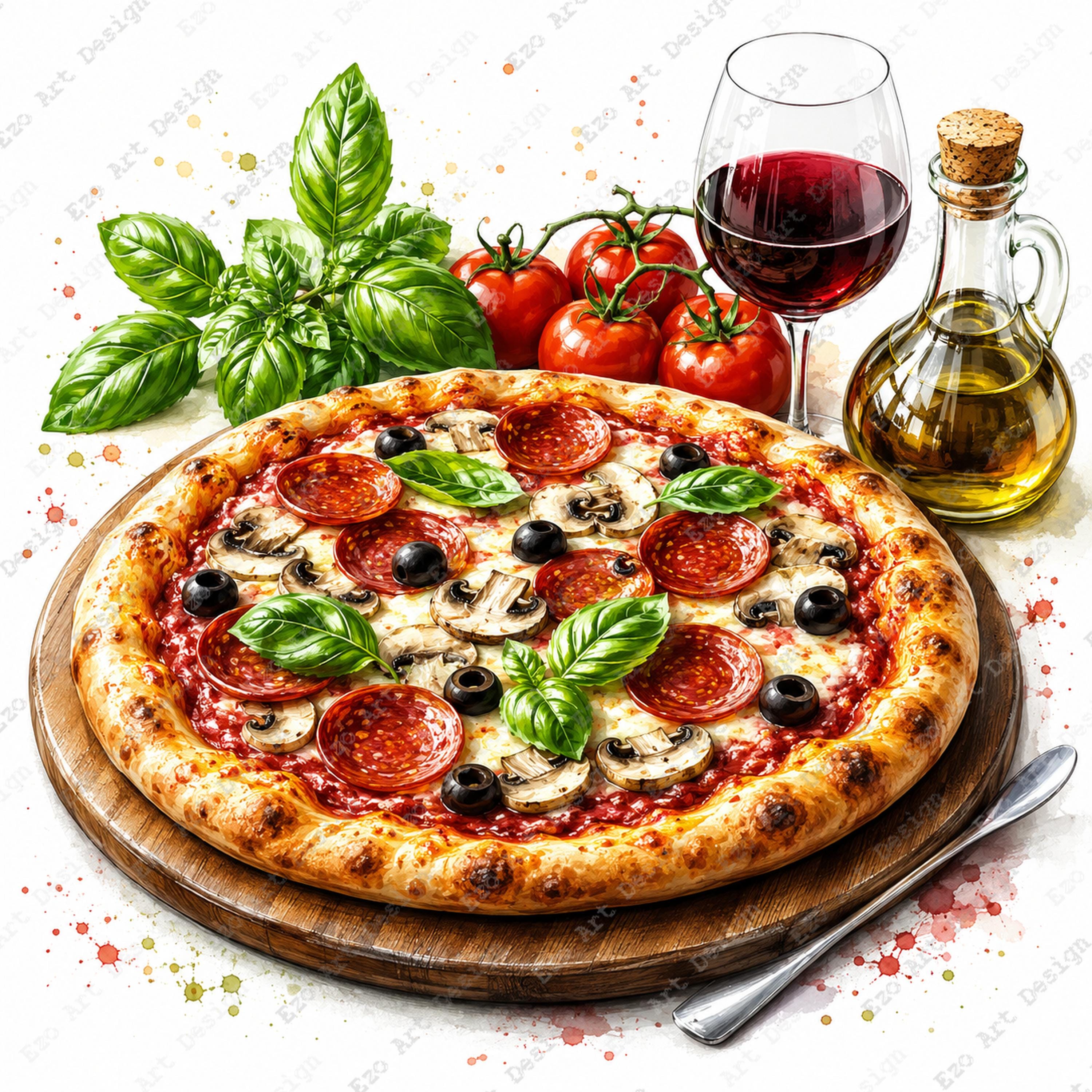 guzzini pizza絵大皿 ２枚セット Realistic Pizza Clipart, Italian Food Printable, Wine Kitchen Art