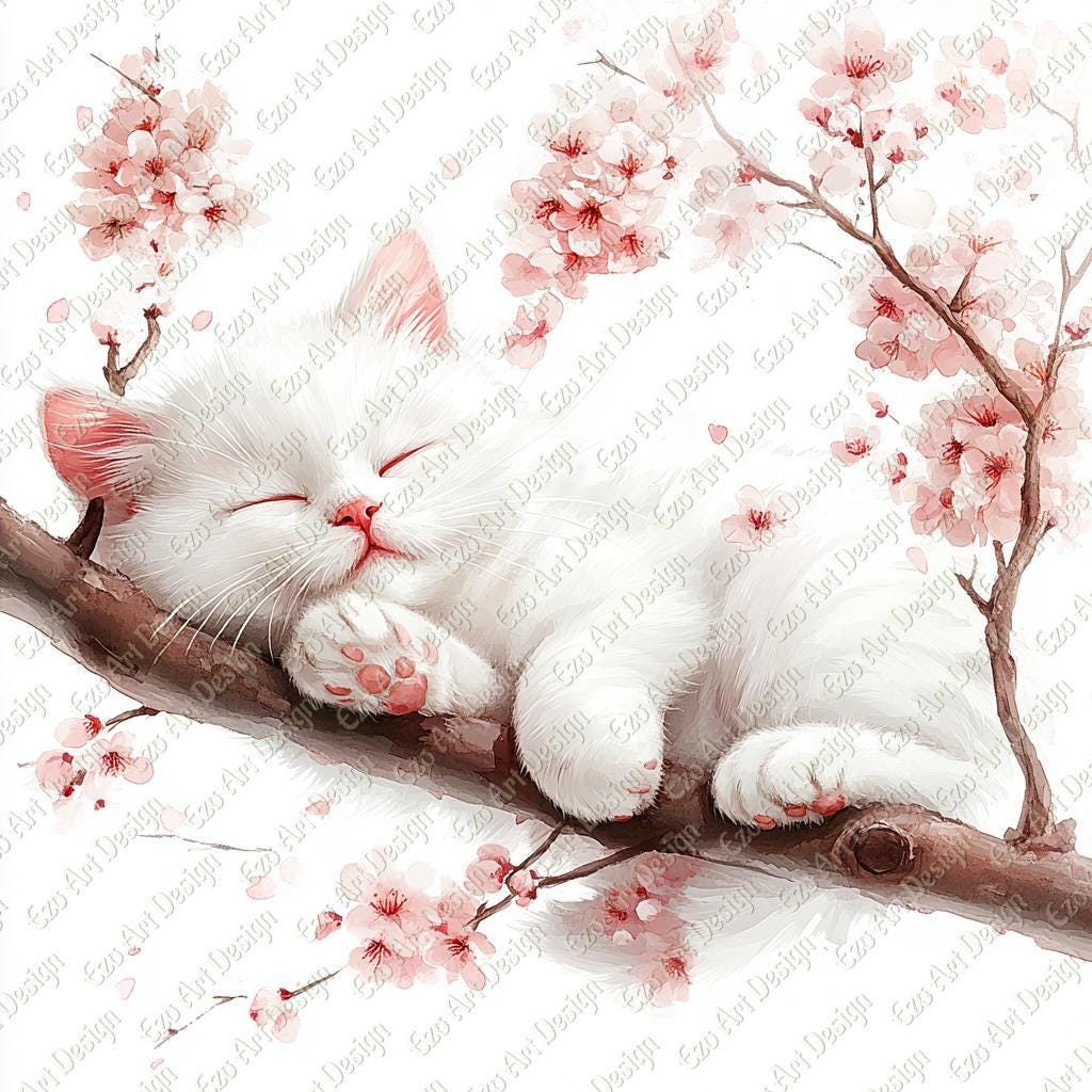 Cherry Blossom Cat Clipart, Watercolor Sleeping Kitten, Sakura Flowers ...