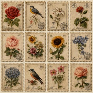 May include: A collection of twelve vintage-style postage stamps featuring botanical illustrations of roses, sunflowers, wildflowers, and birds. Each rectangular stamp has a serrated edge, aged paper texture, printed numbers, and circular postmarks.