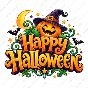 May include: A colorful graphic illustration featuring the text Happy Halloween in bold orange letters. A smiling jack-o'-lantern wearing a purple witch hat sits above the text, surrounded by green vines, a yellow crescent moon, and black bats.