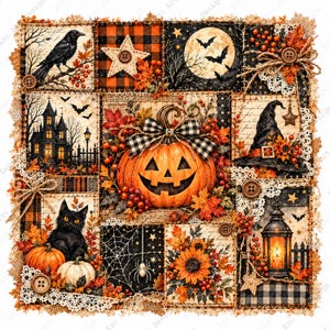 Może przedstawiać: Kwadratowy kolaż o tematyce Halloween z centralnie umieszczoną dynią, czarnym kotem, nawiedzonym domem, kapeluszem czarownicy i latarnią. Projekt zawiera wzory w kratę, koronki, drewniane guziki, jesienne liście, jagody i nietoperze.