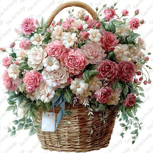 Lentebloemen mand clipart, 10 hoge kwaliteit jpg, mand met bloemen, boeket voor verjaardag, bloemenmand digitale download, junk journal kit