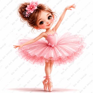 May include: A digital illustration of a young ballerina in a pink tutu and pointe shoes. She has brown hair styled in a bun with a pink flower and is smiling. The image has the text "Ezo Art Design" repeated throughout.