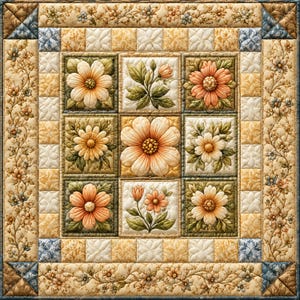 Könnte beinhalten: Ein quadratischer, gesteppter Wandbehang mit einem zentralen Raster aus neun Feldern mit erhabenen, gepolsterten Blumenmotiven in Pfirsich-, Creme- und Salbeigrüntönen. Der Rand besteht aus komplizierten Blumenmustern und kleinen gesteppten Quadraten.