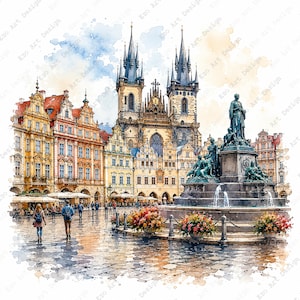 Könnte beinhalten: Eine Aquarellillustration des Altstädter Rings in Prag mit der Teynkirche und ihren zwei Türmen, einem zentralen steinernen Brunnen mit Statue, farbenfrohen historischen Gebäuden und Menschen, die auf dem Kopfsteinpflaster spazieren gehen.