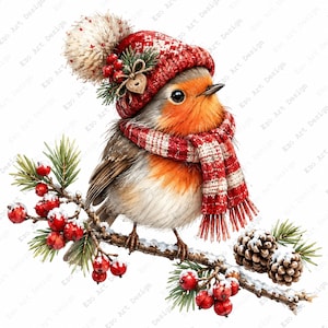 Könnte beinhalten: Ein kleines Rotkehlchen sitzt auf einem verschneiten Tannenzweig mit roten Beeren und Tannenzapfen. Der Vogel trägt eine rot-weiße Strickmütze mit einem großen Bommel und einen passenden rot-weiß gestreiften Schal. Ein kleines Holzherz ziert die Mütze.